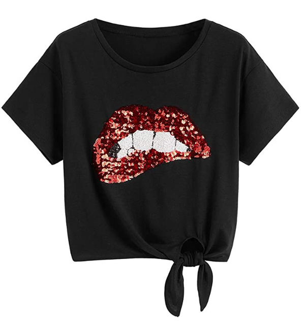 Women's Cute Sequin Red Lip Short Sleeve Tie Knot Crop Tee Top T-Shirt